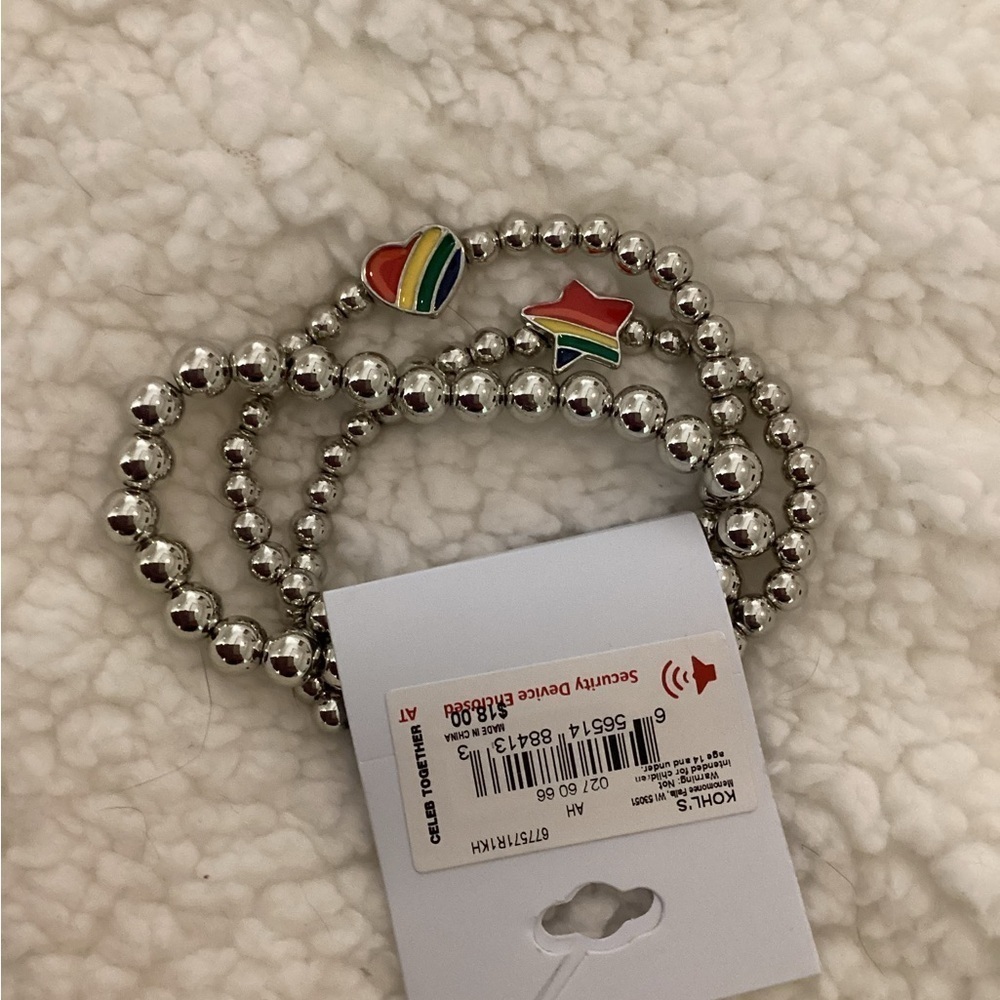 Celebrate Together Pride themed silver beaded stretch bracelets